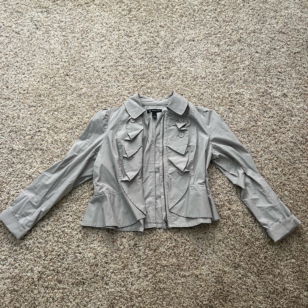 I•N•C light grey ruffled zip up with button detail
